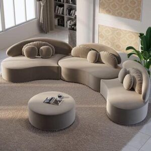 ALAB DECOR Velvet U Shape 7 Seater Sofa Set Light Brown | Modern Classic Design with Puffy Cushions for Living Room – Soft, Stylish, Convertible Couch.