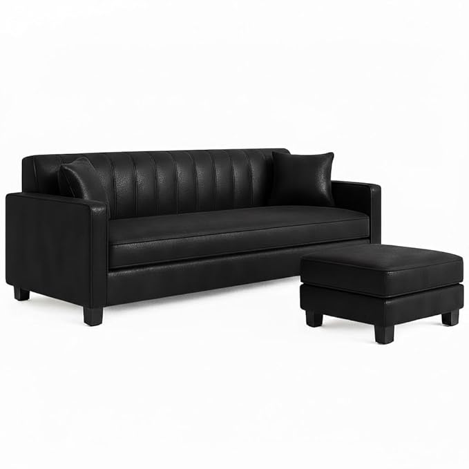 ALAB DECOR 3 Seater Leatherette Modular Sofa Set with Ottoman (Black) Premium Finish.