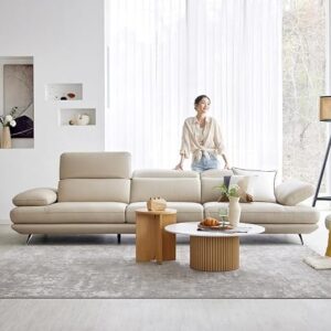 ALAB DECOR  Leatherette Moden Design 4 Seater Sofa Set with Puffy | for Home Guests Office & Living Room | Luxuries Premium Stainless Steel Legs | with Moveable Headrest and Armrest | Cream.