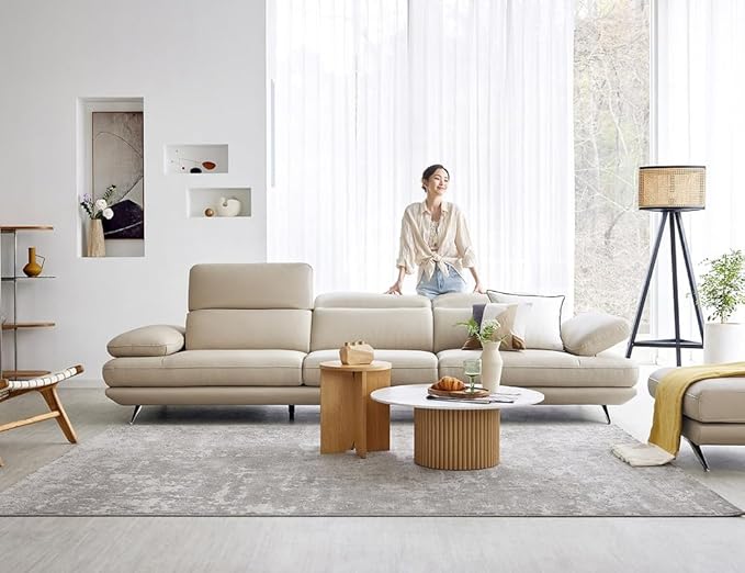 ALAB DECOR Leatherette Moden Design 4 Seater Sofa Set with Puffy | for Home Guests Office & Living Room | Luxuries Premium Stainless Steel Legs | with Moveable Headrest and Armrest | Cream.