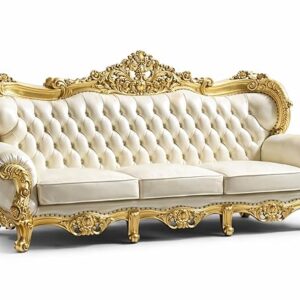 ALAB DECOR Victorian Luxury 3 Seater Sofa Hand-Carved Solid Teak Wood (Sagwan) Frame | Tufted Upholstered Royal Sofa Couch for Living Room Wedding & Bridal Décor.